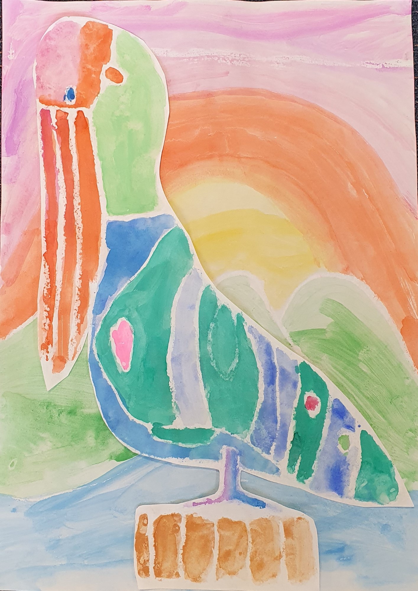 student artwork- Pelican on the water