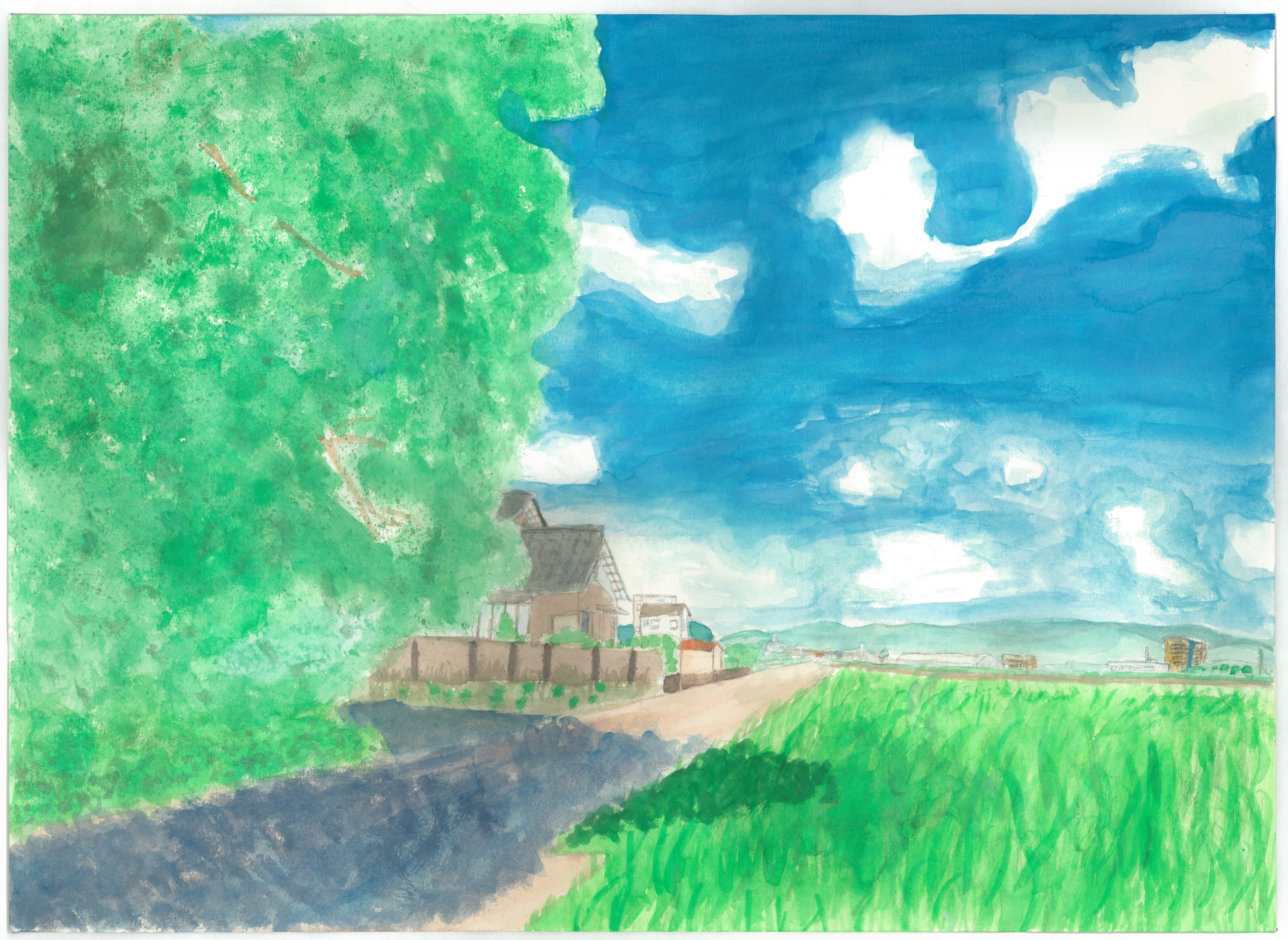 student artwork - village with blue sky and greenery
