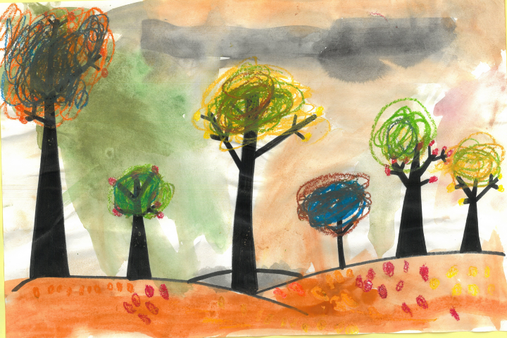  A colorful drawing exhibiting trees adorned with a spectrum of different colours of leaves found in Autumn, presenting a vivid and lively image.
