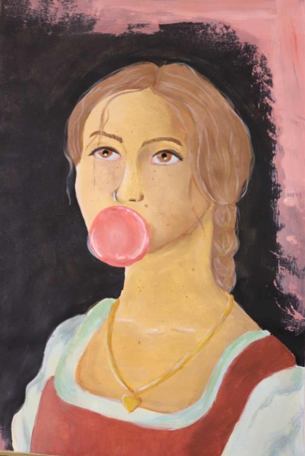 A painting of a woman blowing a pink bubble gum, showcasing a vibrant and playful expression.