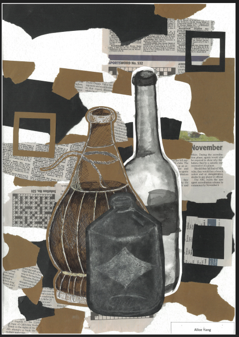 A collage of newspaper and brown paper , showcasing a blend of printed news articles and featuring a bottle and  a glass container.