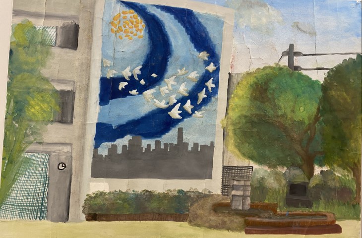 Painting of a building with a large poster on the side of the building.  the poster is a cityscape with a blue sky with a flock of white doves flying in formation.  