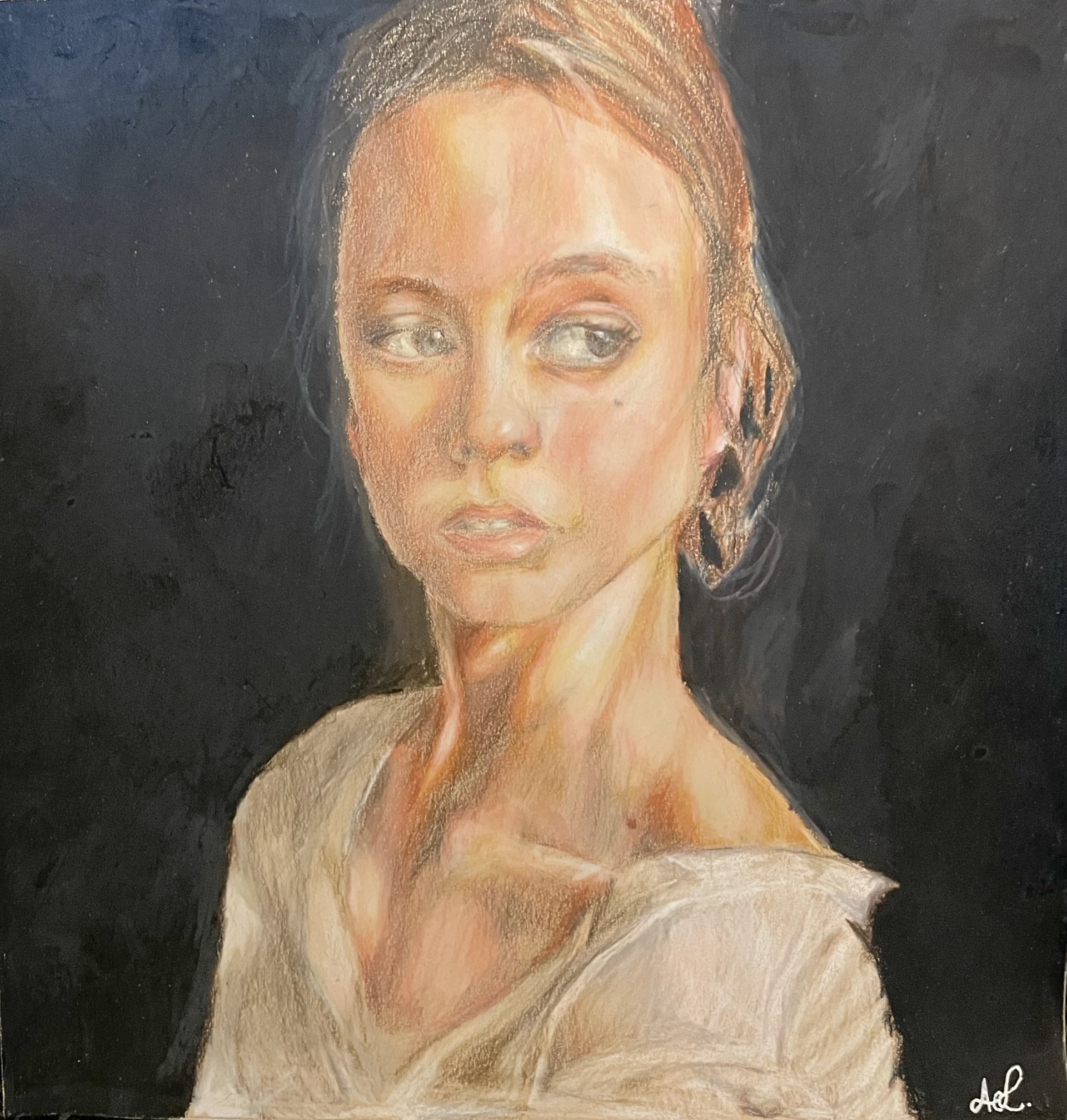 Portrait drawing of a young woman wearing a white shirt on a black background.