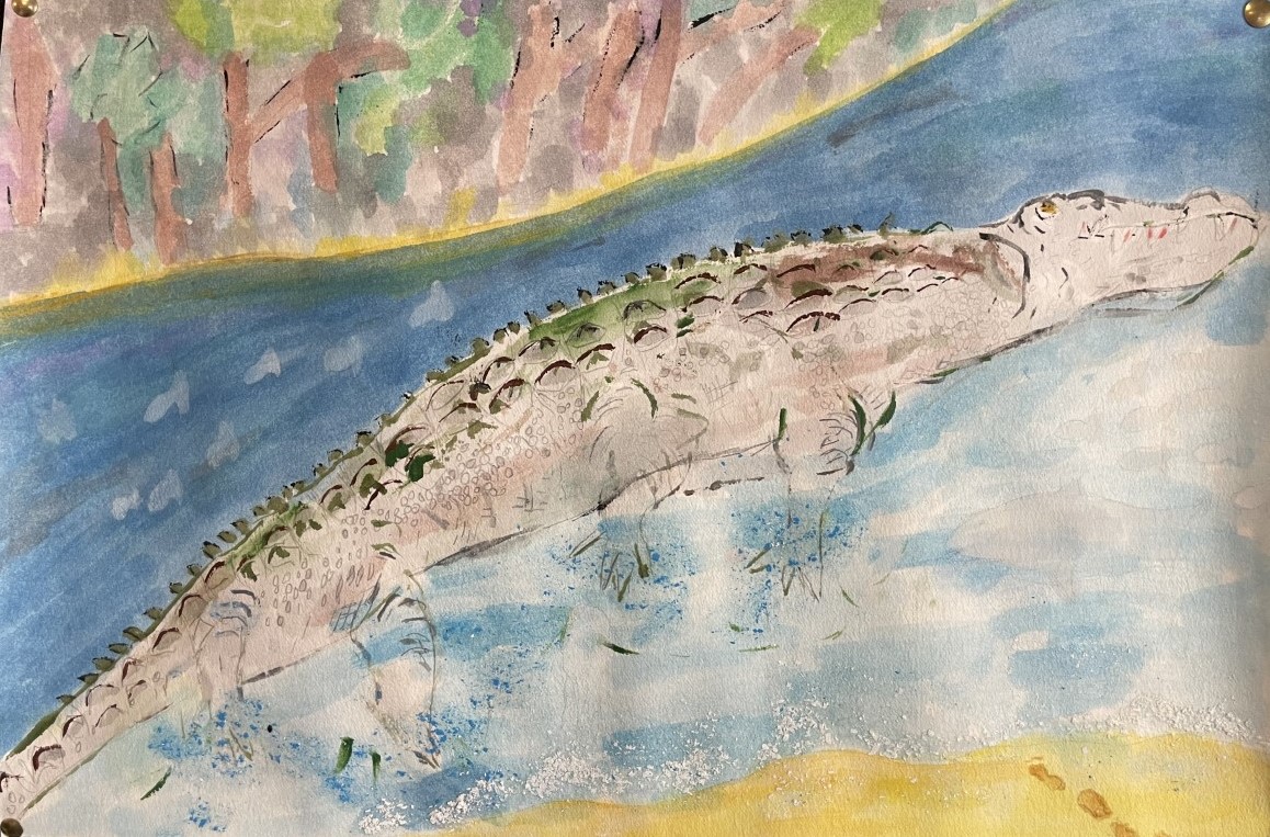 Watercolour painting of a crocodile gracefully swimming in the water, showcasing its powerful body and scaly skin.  on the band there is a forest of trees