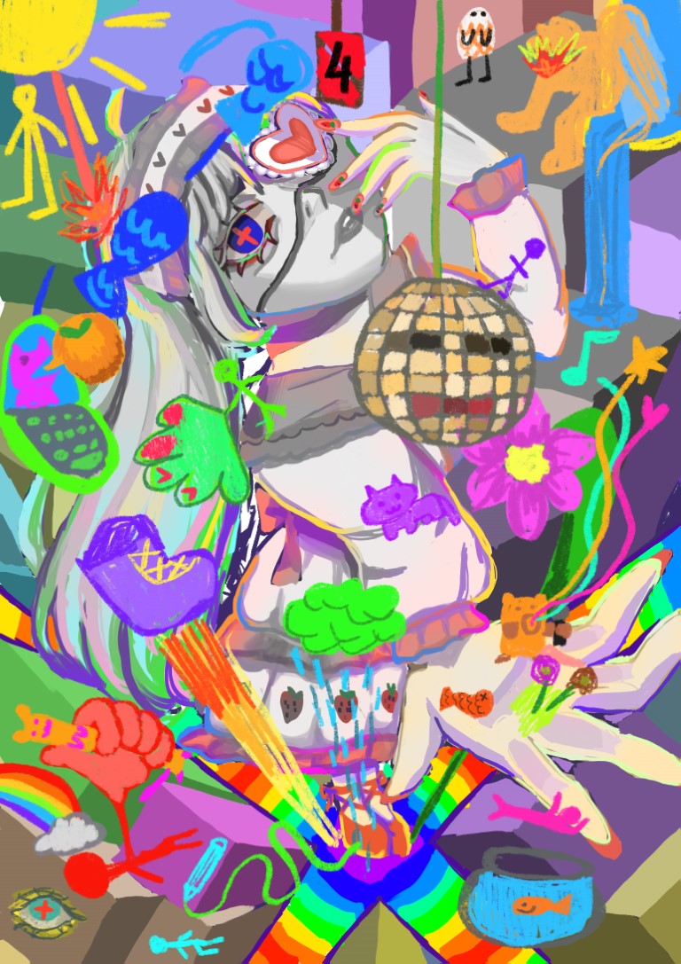 A vibrant digital drawing of a young woman surrounded by a multitude of colorful objects. The teenage experience.
