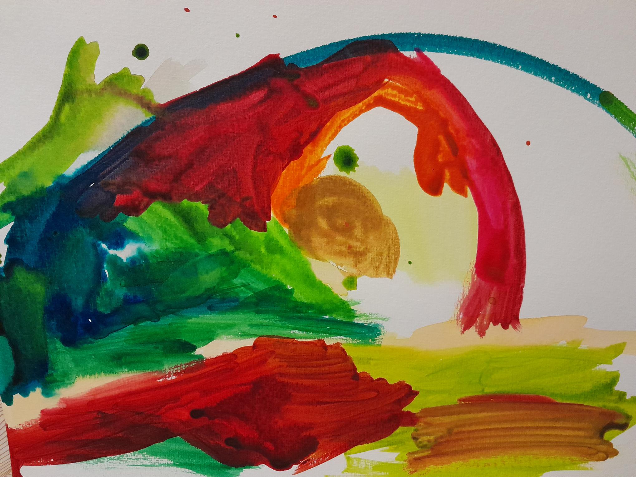 A colourful abstract painting of monsters and dinosaurs in the park