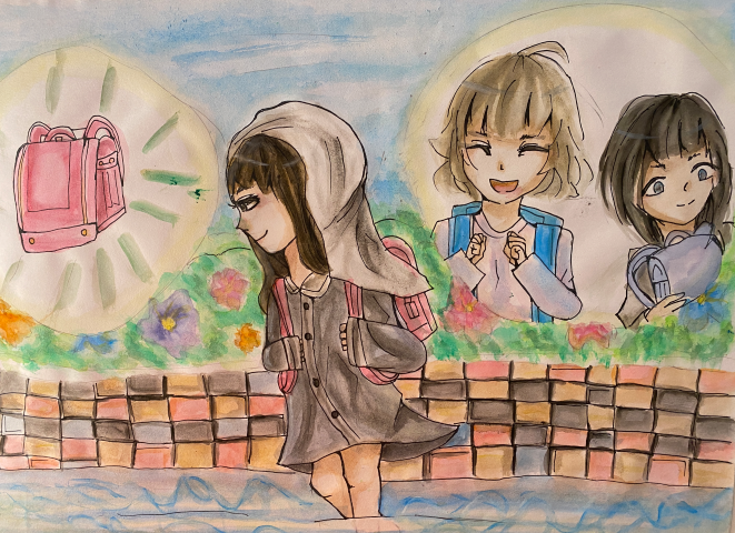 Three girls with backpacks walking together in a hand-drawn illustration.  In the left hand corner a pink backpack is  highlighted