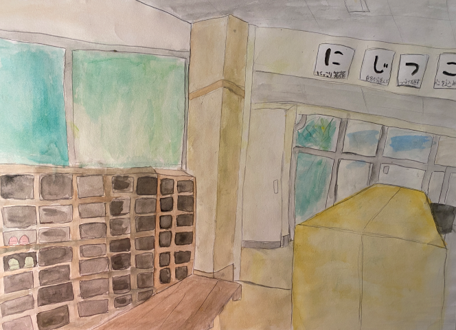Watercolour student artwork depiciting the inside of a school hallway with lockers and cubbyholes