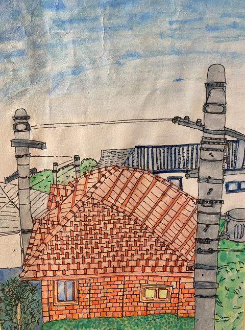 A coloured marker and pen image of an orange brick and tile house with power poles and lines running over it and a clear blue sky background