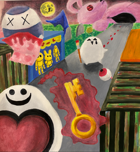 A surrealest painting with depicting toys and cartoon characters. A white oval character with red-tipped paint brush walks down a path away from a cut open stuffed rabbit toward an eyeball, a gold key and another white oval character smiling with a red love-heart on its front.