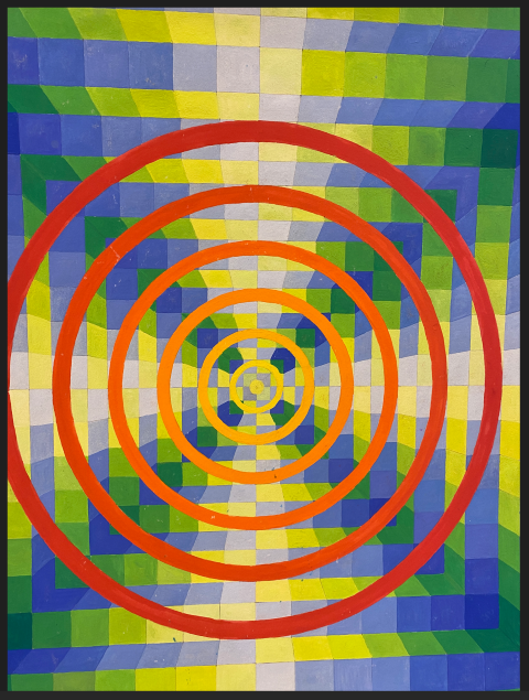 Painting showing concentric circles in a gradient from red on the outside to yellow on the inside on top of a square based geometric pattern in blues, greens and yellows.