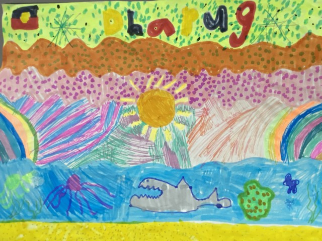 colourful drawing of a beach scene with the Aboriginal flag in the left hand corner and the word Dharug written next to it.