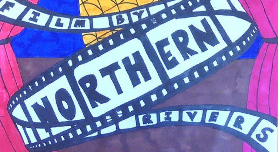 Colourful blue, yellow and pink hand drawn film roll logo with text Film By the Northern Rivers