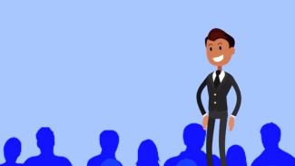 Graphic of a man in a suit talking in front of an audience