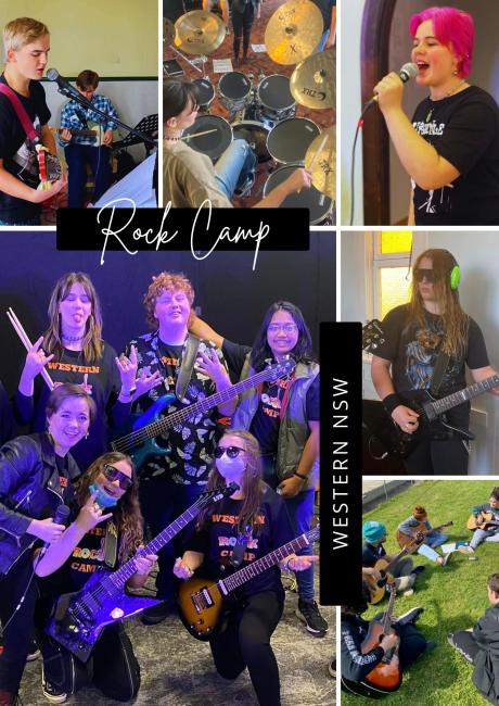 Collection of photos of students playing the drums, guitars and singing at the rock camp